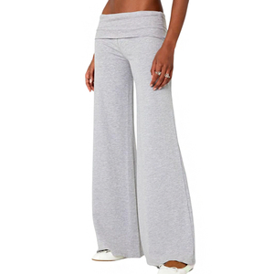 Pantalons de sport gris sur mesure en gros, tenues de fitness, pantalons à jambes larges pour femmes, pantalons à revers - Product Image 1