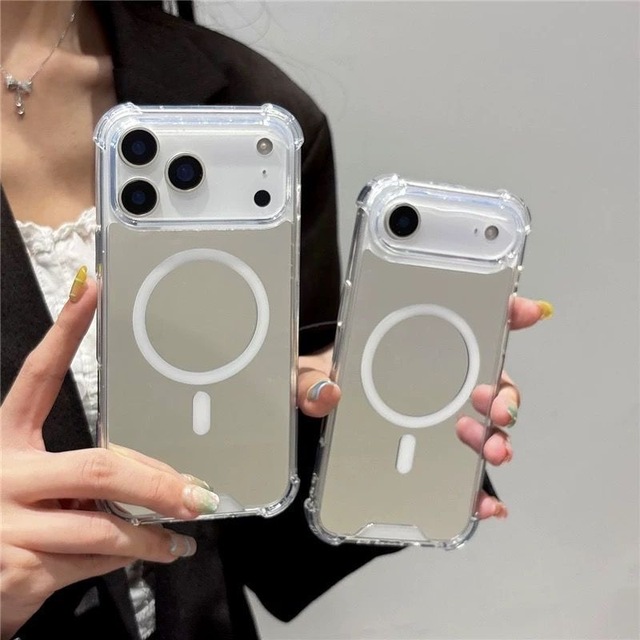 Silver Mirror Clear Acrylic Magnetic Shockproof Wireless Charging Street Fashion Design Phone Case with Phone Grip