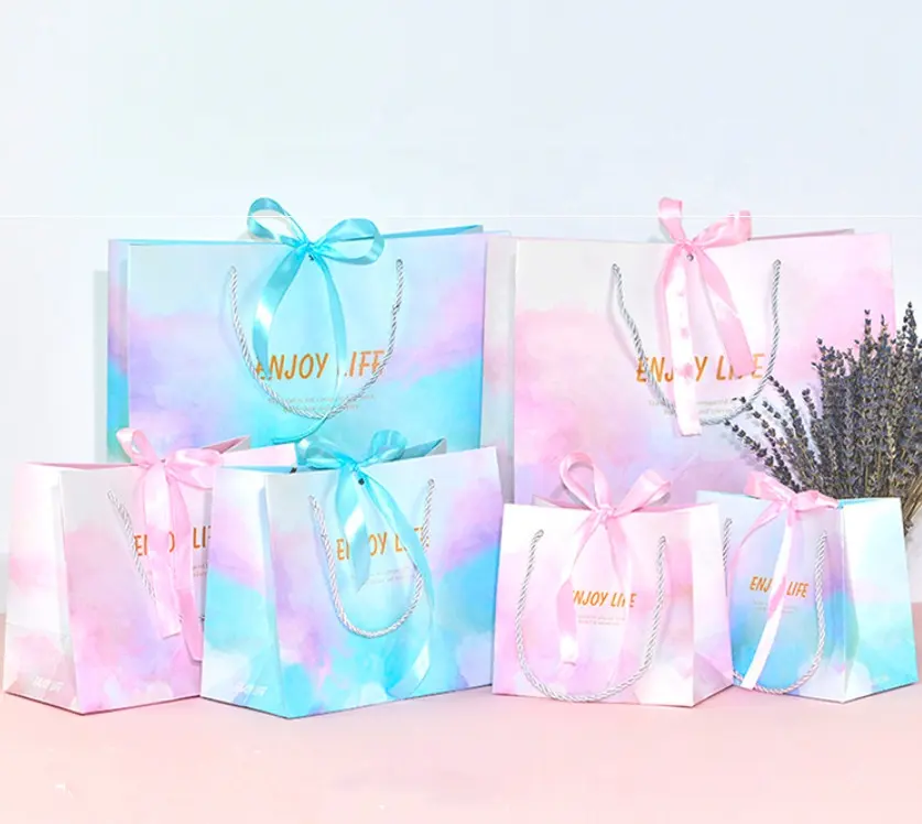 Custom Private Logo Stock Garment Luxury Shopping Bags Pink Wedding Gift Paper Bag With Ribbon Closure