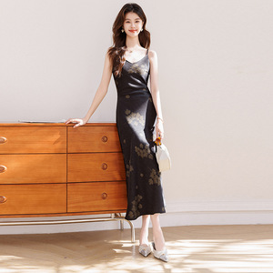 Spaghetti Strap Floral Print Satin Long Dress Women's Summer Party Dress Black Natural Waistline - Product Image 2