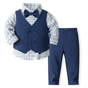 Catpapa – Ensemble 4 pièces pour garçons : Chemise à carreaux, <span class=keywords><strong>gilet</strong></span> bleu foncé, pantalon et nœud papillon – Tenue de mariage pour enfant - Product Image 1