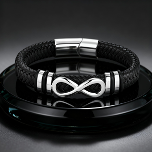Brazalete de Cuero Genuino con Bucle Infinito de Acero Inoxidable Plateado Negro de Alta Calidad, Joyería para Hombre - Product Image 1