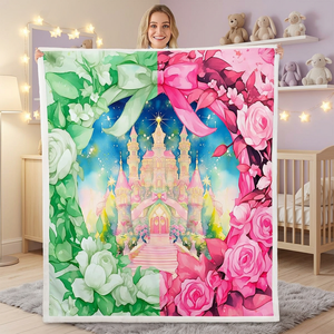 Couverture en flanelle rose et verte, motif château de rêve, couverture de sieste, lavable en machine, résistante à la décoloration, pour chambre à coucher et salon - Product Image 1