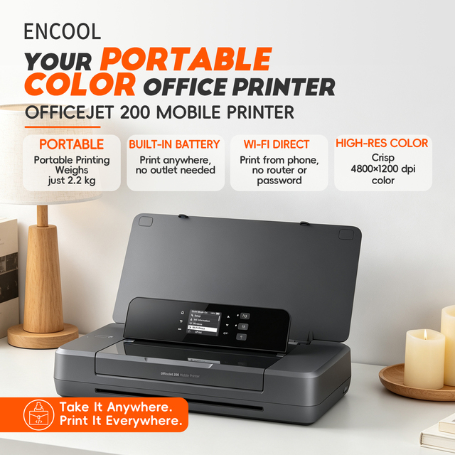 ENCOOL OfficeJet OJ200 Mobile Portable A4 Color Inkjet All-in-One Wireless Battery-Powered Printer