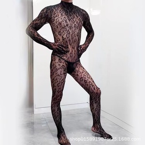 Combinaison sexy en résille pour homme, manches longues, motif léopard, noir, taille unique, nylon, costume de cosplay - Product Image 1