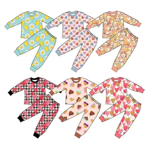 Hot Sale Valentine's Day Soft Bamboo Fabric Kids Girls Long Sleeve Shirts and Jogger Pants 2Pcs Pajamas Sets