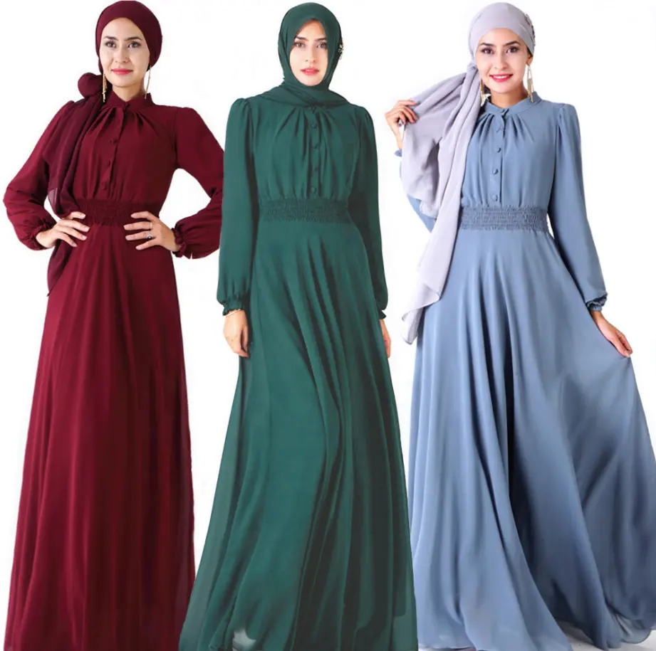 2023 neues Design türkische Kleidung 10 Farben einfarbig Elastisches Taillen kleid Muslim Chiffon Plissee Abaya mit Knopf