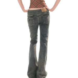 Vaqueros bootcut vintage para mujer con logo personalizado, lavado, con cordón frontal, cintura con cordón ajustable, pequeños detalles desgastados y orificios, pantalones de mezclilla acampanados. - Product Image 3