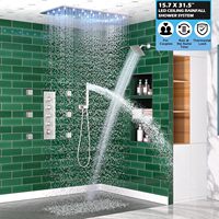 Système de douche LED double jet de pluie Homedec 16x32" avec grande pomme de douche pluie + douchette inclinable 6" 2-en-1 et robinet à 6 jets corporels