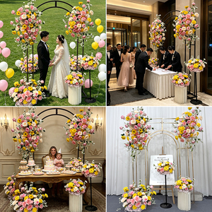 Arche de mariage en fleurs artificielles en soie, roses roses et jaunes mélangées, décorations faites à la main, toile de fond romantique et rêveuse - Product Image 5