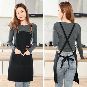 Delantal de lona para mujer, impermeable, a prueba de aceite, uniforme de trabajo para cocina, con bolsillos y correas ajustables - Product Image 2