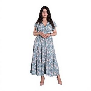 Robe indienne en coton faite à la main, mi-longue, respirante, à motif floral rayé, avec boutons, silhouette trapèze, col en V, pour les fêtes, naturelle - Product Image 1