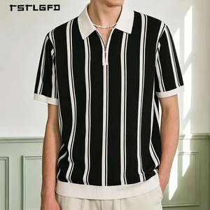Men Vertical Striped Knit <b>Polo</b> Shirt Half <b>Zip</b> Quarter <b>Zip</b> Black White Contrast Old Money Style Summer Resort Wear <b>Polo</b> - Product Image 2