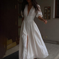 Damenkleid mit Tiefem V-Ausschnitt und Puffärmeln, Langes Kleid mit Hohem Schlitz, Einfarbiges Partykleid für Abendveranstaltungen, Elegantes Sommerkleid, Großhandel, Maßanfertigung OEM