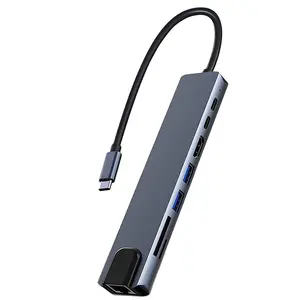 8in1 USB C集线器，适用于HDMI 2 USB 3.0 SD TF LAN 2 PD扩展坞，适用于手机笔记本电脑平板电脑以太网接口库存!