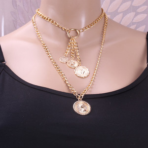 Collier Multicouche Géométrique avec Pendentif Pièce de Monnaie, Style Européen et Américain, pour Femme, Idéal Soirée, Or, Argent, Zinc - Product Image 4