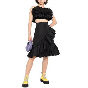2021 여름 패션 도매 두 조각 스커트 세트 레이어 높은 허리 긴 검은 치마 프릴 스커트 색조 디자인