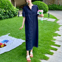 En stock été coréen longue robe t-shirt surdimensionné décontracté fendu une pièce surdimensionné plaine plage Midi t-shirt robes pour les femmes