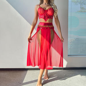 Sexy Uniforme Vestir Moda Bola Fiesta Malla <span class=keywords><strong>Top</strong></span> Cintura Alta Split Perspectiva Media Falda Conjunto Sexy para Mujeres - Product Image 3