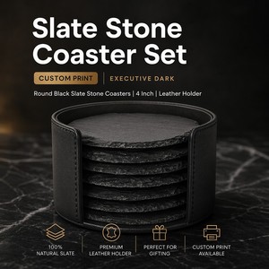 Juego <span class=keywords><strong>de</strong></span> posavasos redondos personalizados <span class=keywords><strong>de</strong></span> 10 cm (4 pulgadas) <span class=keywords><strong>de</strong></span> piedra <span class=keywords><strong>de</strong></span> <span class=keywords><strong>pizarra</strong></span> negra con efecto mármol, impresos y en blanco, con soporte <span class=keywords><strong>de</strong></span> cuero para bebidas, venta al por mayor - Product Image 1
