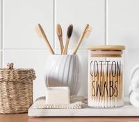 Pot de rangement en verre borosilicate transparent pour coton-tiges et fil dentaire avec couvercle en bambou, design simple, idéal pour les cadeaux