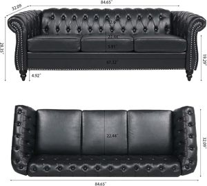 Chesterfield <span class=keywords><strong>classico</strong></span> divano in pelle PU a 3 posti con braccioli arrotolati per <span class=keywords><strong>soggiorno</strong></span> o ufficio di colore nero - Product Image 2