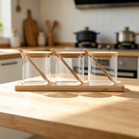 Offre Spéciale : Ensemble de Rangement Rond en Verre Transparent, Hermétique, pour Cuisine, avec Plateau et Couvercle en Bois, et Cuillère – Bocaux à Épices en Verre