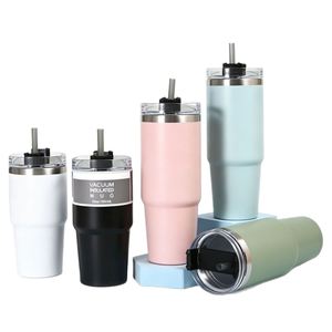 Vaso Térmico de Acero Inoxidable de 30oz para Conducir, con Aislamiento al Vacío, para Bebidas Frías en el Auto, con Asa y Pajita, Ideal para Viajes en Auto - Product Image 5