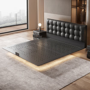 Luxe HOT SALE Mid-Century <span class=keywords><strong>Platform</strong></span> <span class=keywords><strong>Bed</strong></span> met hoofdbord van volnerf leder, wafel-gestikt, zwevend onderstel, gepoedercoat stalen frame - Product Image 2