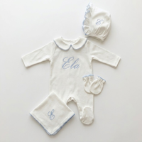 Ensemble de vêtements pour nouveau-né en coton Pima, broderie, vêtements pour bébé nouveau-né, chapeau assorti à volants, bavoir et barboteuse