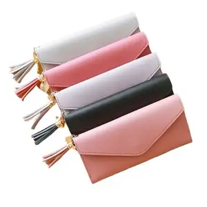 محفظة طويلة من جلد البولي يوريثان مع شراريب للمقاسات الثلاثة بحامل، محفظة نقود للنساء بألوان متعددة
