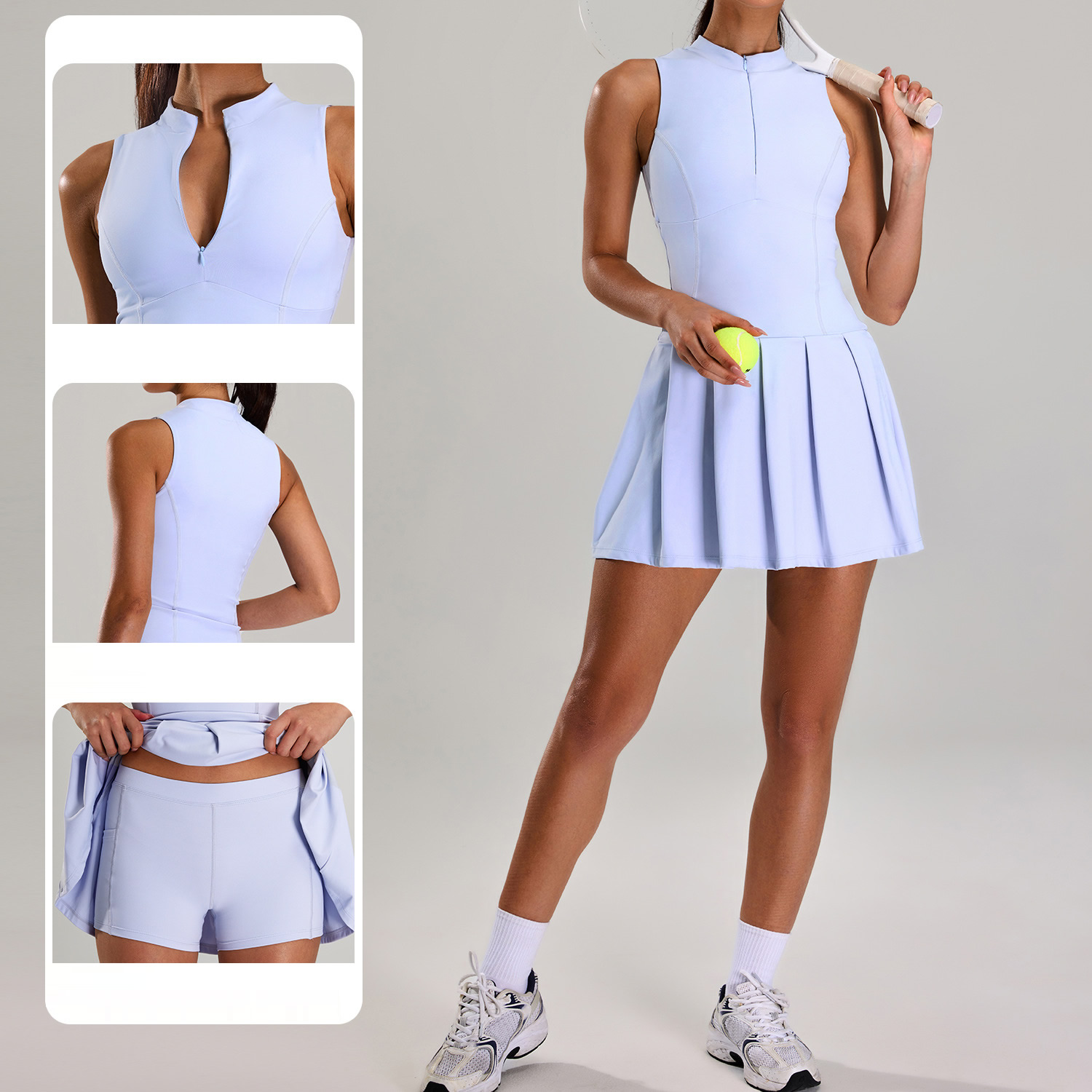 Two In One Piece Tennis Dress Half Zip Sleeveless Hide Pocket High Quality Beach Wear Outings Cool Life Jogger Sports Jumpsuit
