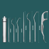 Ensemble de cure-dents portables réutilisables en acier inoxydable argenté, 7 pièces, hygiène buccale, outil de nettoyage dentaire facile à utiliser, boîte en forme de brosse