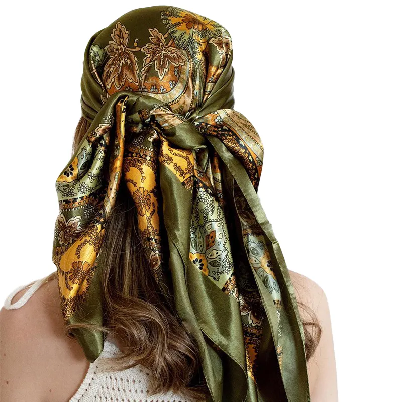 Vente en gros Nouveau foulard carré personnalisé en satin imprimé fleur de cajou Imitation soie pour dame