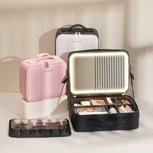 Wholesale Custom Portable Train Case Travel Saffiano Makeup Carry Case Toiletry Cosmetic Bag With LED Mirror