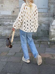 <span class=keywords><strong>Pull</strong></span> en maille à manches longues en dentelle <span class=keywords><strong>crochet</strong></span>ée décontracté de couleur unie pour femmes, idéal pour les vacances à la plage - Product Image 6