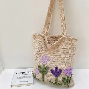 Tulip Design One-shoulder Shopping Bag Shoulder Bags For Women Handmade Fashion Big Size Crochet Flower Bag