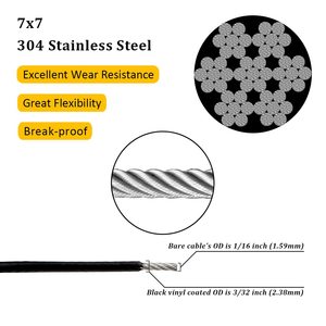 Sanxing SX-8146 Flngr Vinyl Coated 304 Stainless Steel Wire Rope Black 1/16" 3/32" 200FT 10% Tolerance Crimping Ends for Outdoor - Product Image 2