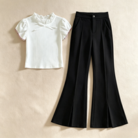 Ensemble deux pièces personnalisé pour filles : haut côtelé à manches courtes avec nœud et volants, et pantalon évasé taille haute – Idéal pour le printemps, l'été, les fêtes et l'école