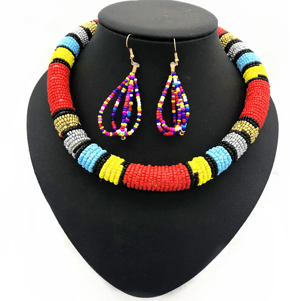 Handgemaakte Afrikaanse Stijl Kraal Ketting Lange Hoepel Oorbellen Multi-Layer Rijst Kraal Choker Ketting Voor Vrouwen Sieraden Set