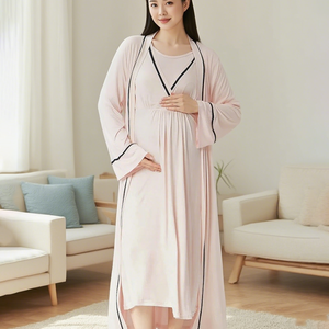 HUOYOUNG Robes de maternité personnalisées 3 pièces en coton, bambou et tricot avec ceinture Pyjama d'<span class=keywords><strong>allaitement</strong></span> Filles Robes Pyjamas pour femmes - Product Image 1