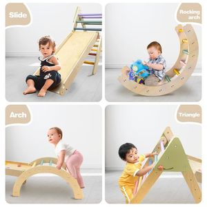 Terrain <span class=keywords><strong>de</strong></span> jeu <span class=keywords><strong>Montessori</strong></span> 4 en 1 Pickler Triangle en bois détachable demi-cercle Cadre d'escalade et toboggan - Product Image 2