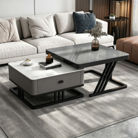 Juego de Mesa de Centro Retráctil Moderna y Lujosa, Soporte para TV, Mesas Nido de Piedra Sinterizada con Vidrio Tintado, 2 Cajones, Base de Metal, Estilo Italiano