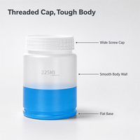 Pot en plastique à large ouverture de 225 ml, corps blanc translucide, base bleue, bouchon à vis côtelé, ligne de remplissage marquée, emballage cosmétique, approvisionnement direct