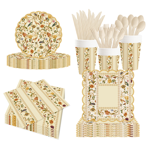 DAMAI New Customized Flower Theme Birthday Party <b>Disposable</b> Paper Plates Napkin Cups Brown Floral Tableware Set - Product Image 2