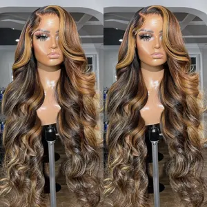 Pre Plucked Hairline Honey Blonde Piano Color Human Hair Wigs Bone Straight Hair Highlighted Wig Lace 150% density