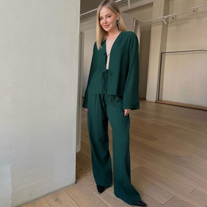 QINSI Custom Pajamas Spring Pyjamas Long Loose Sleeves V Neck Solid <strong>Loungewear</strong> Women <strong>Sets</strong> <strong>Kimono</strong> Women's Sleepwear