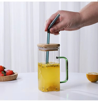 Gobelets carrés en verre borosilicate transparent moderne avec couvercle et paille en bambou – Écologiques, sans BPA, pour lait, café, jus, eau