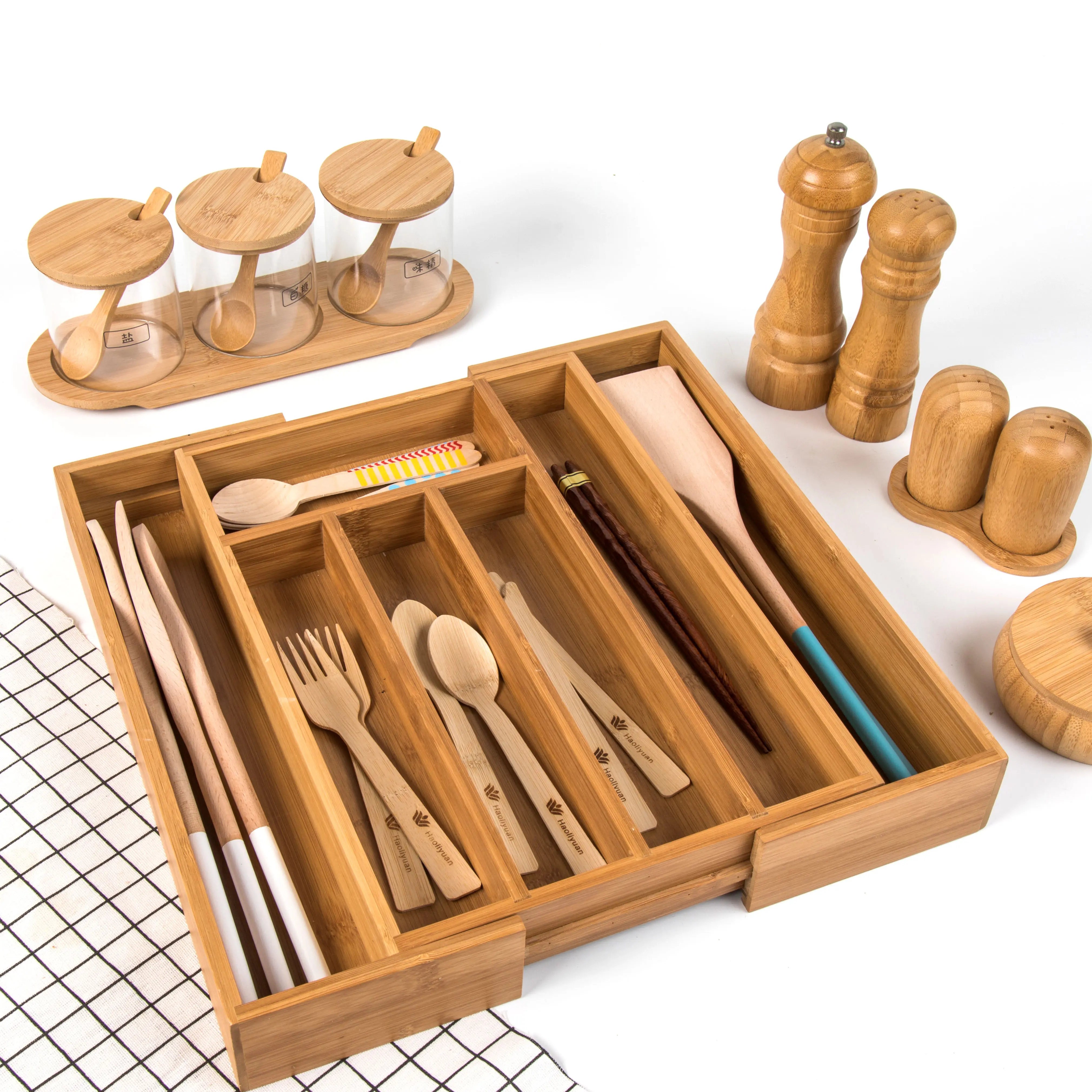 Eco-friendly custom adjustable wooden bamboo cutlery utensils drawer organizer expandable tray