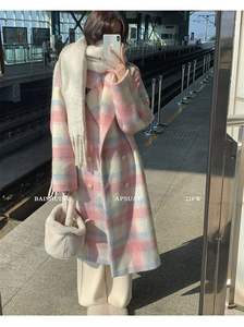 Automne et hiver <span class=keywords><strong>Amazon</strong></span> chaud en ligne rouge Plaid laine manteau femmes nouvelle haute qualité longueur moyenne Plaid manteau veste - Product Image 4